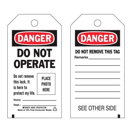 Brady Brady Lockout Tag- Danger Do Not Operate, photo tag, 2 Sided, Cardstock, 25/Pack 65500